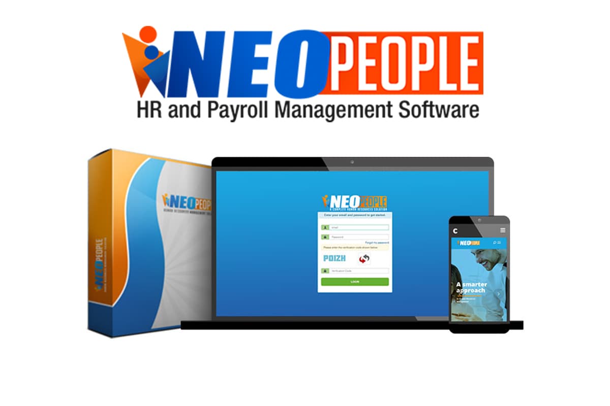 Logo and interface of NEO People HR and Payroll Management Software, featuring a laptop and mobile device display.