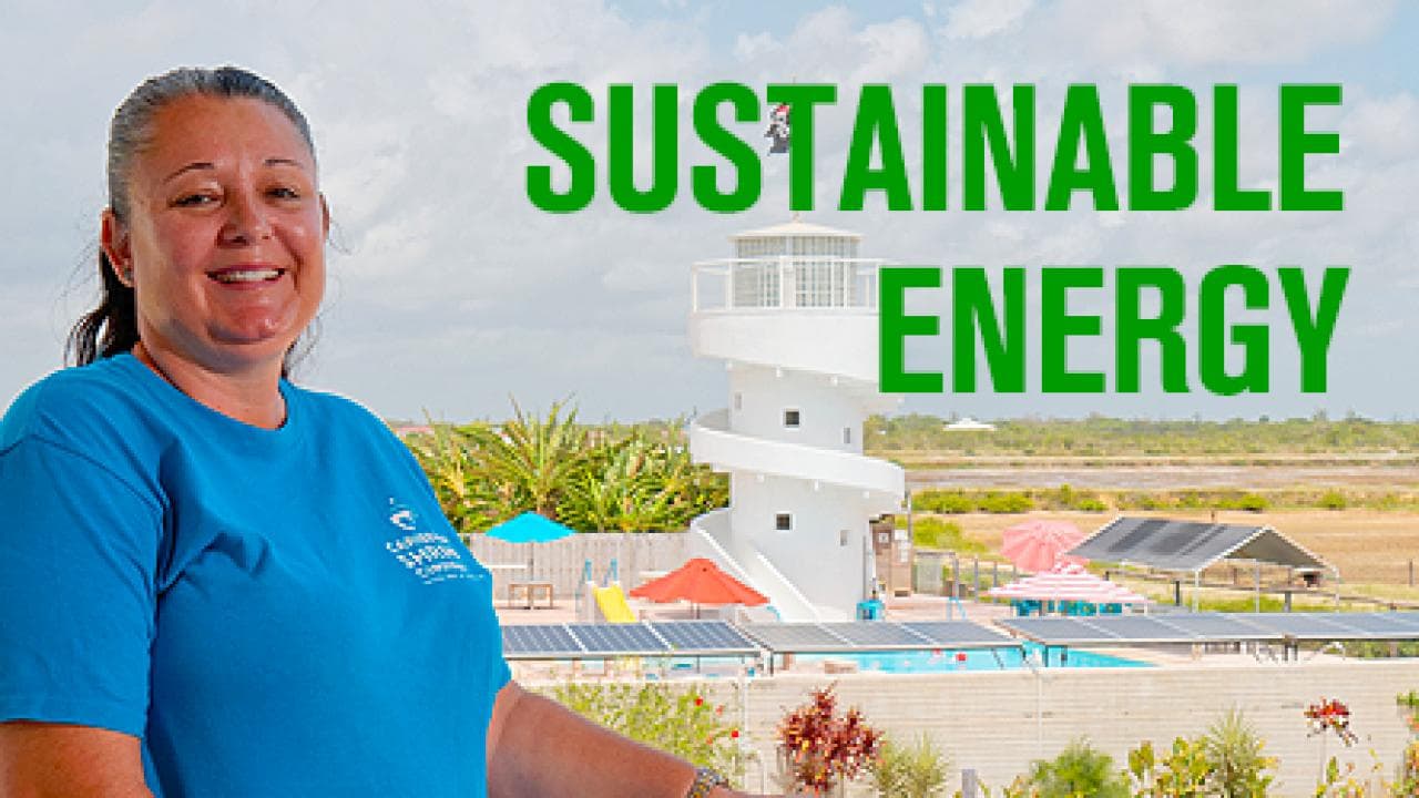 A smiling woman in a blue shirt stands in front of a pool with solar panels, with "SUSTAINABLE ENERGY" in bold green letters.