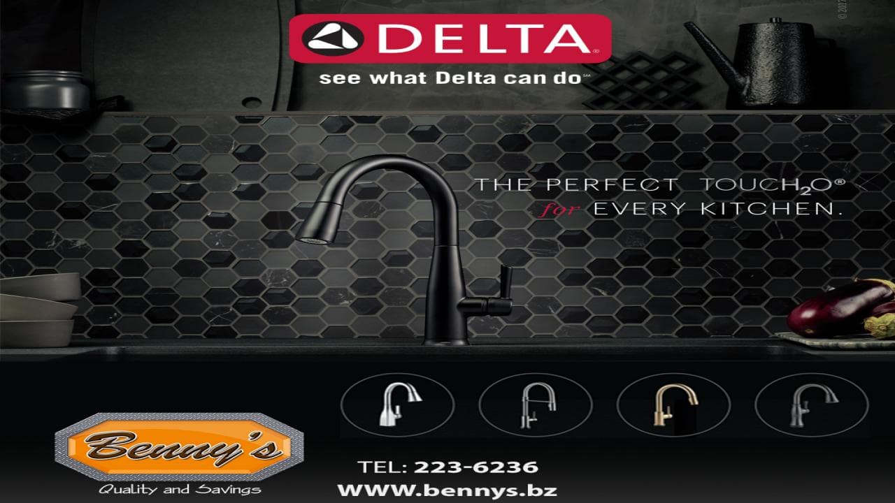 A sleek black kitchen faucet is showcased against a hexagonal tiled backsplash, highlighting various faucet styles below.
