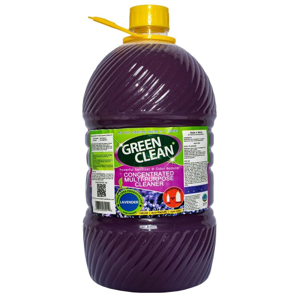A large bottle of concentrated lavender multipurpose cleaner labeled "Green Clean."