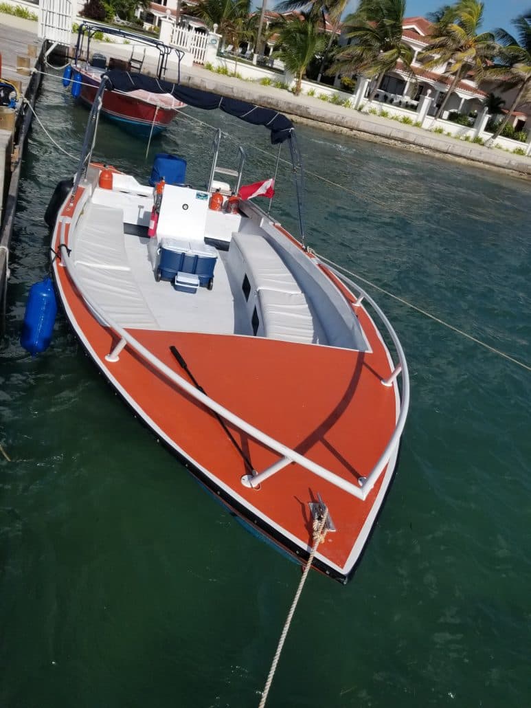 A motorboat with a red and white design is docked near a waterfront property surrounded by palm trees.
