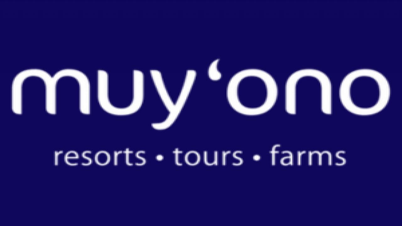 Logo for Muy'ono, featuring the text "resorts • tours • farms."