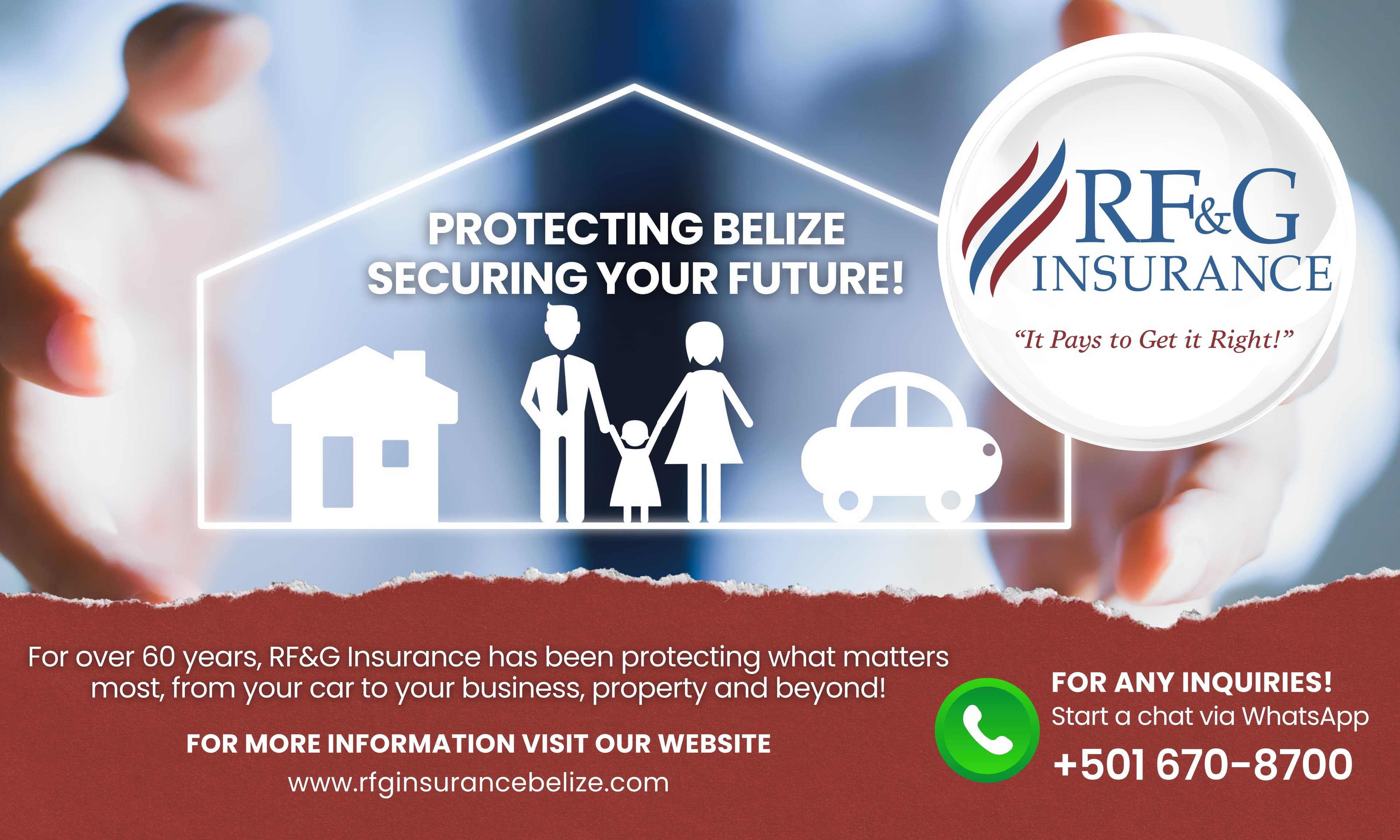 Promotional graphic for RF&G Insurance highlighting their commitment to securing futures in Belize with contact information.
