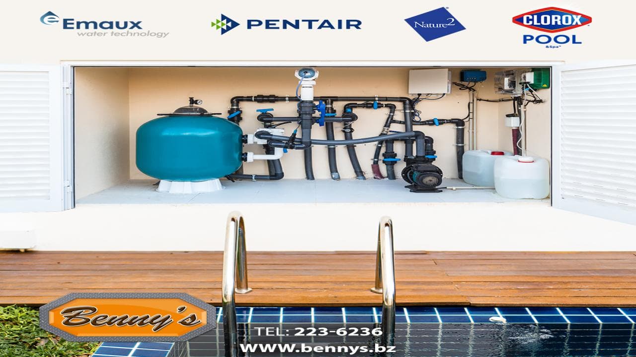 Mechanical equipment for a swimming pool, including a filtration system and chemical storage, displayed in a service area.