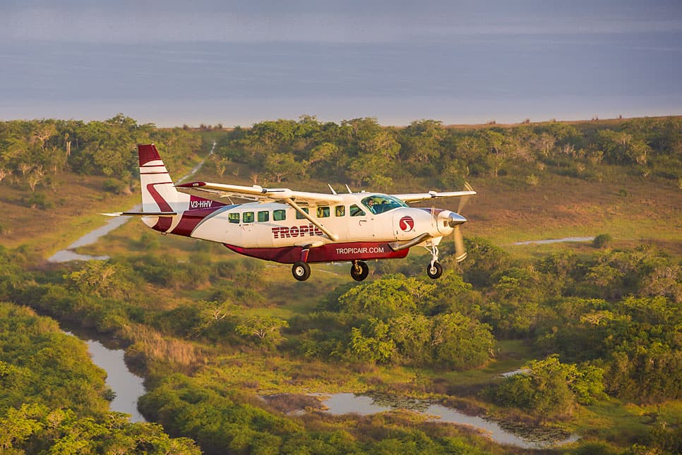 A small aircraft flies over a lush, green landscape.