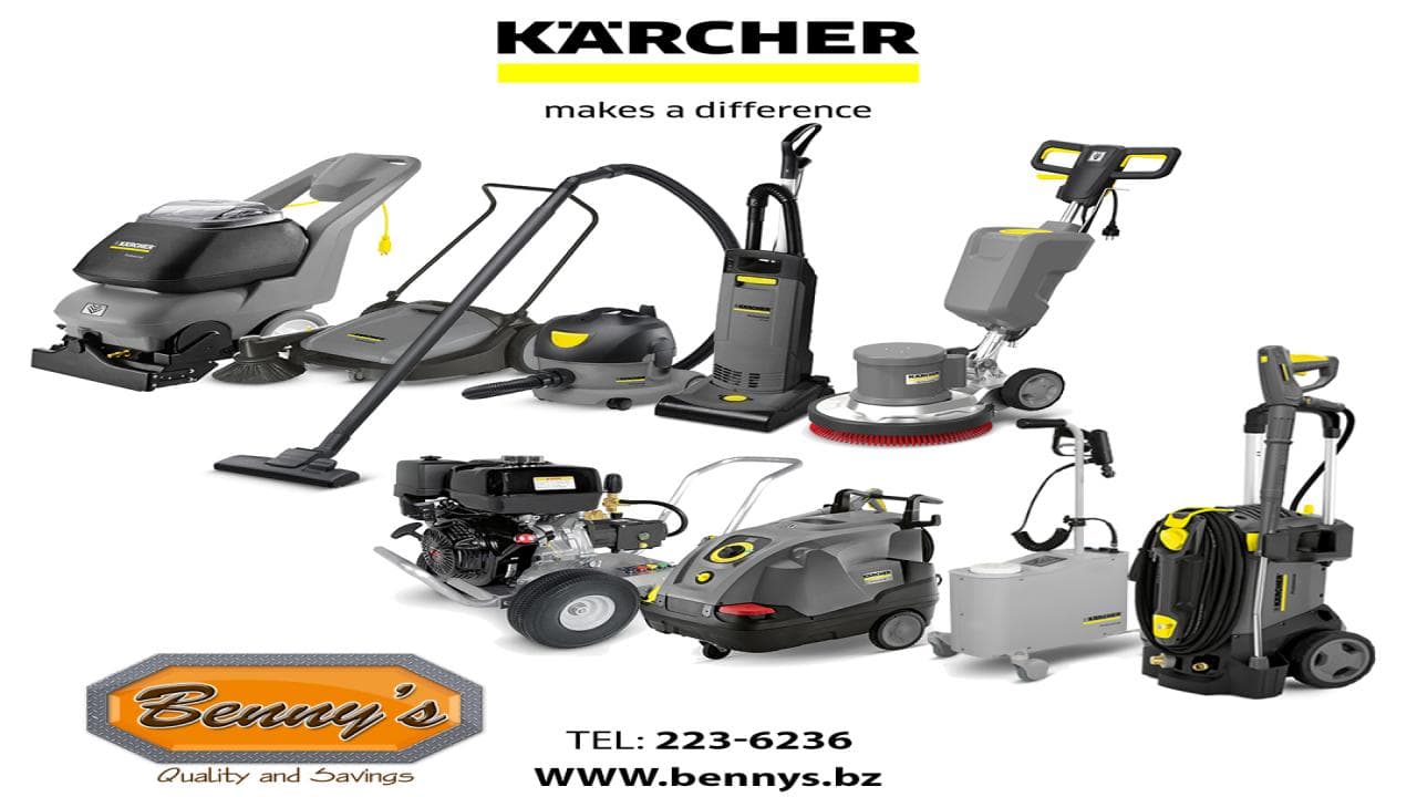 A collection of Kärcher cleaning equipment displayed with Benny's branding.