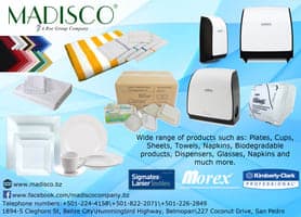 Product advertisement showcasing a variety of disposable and biodegradable items such as plates, cups, and dispensers.