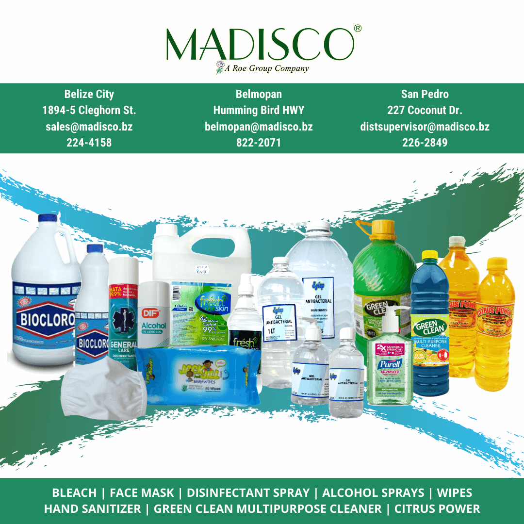 A collection of cleaning and sanitizing products from Madisco displayed with contact information for their Belize City, Belmopan, and San Pedro locations.