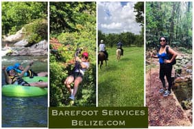 A collage featuring outdoor activities in Belize, including tubing, zip-lining, horseback riding, and hiking.