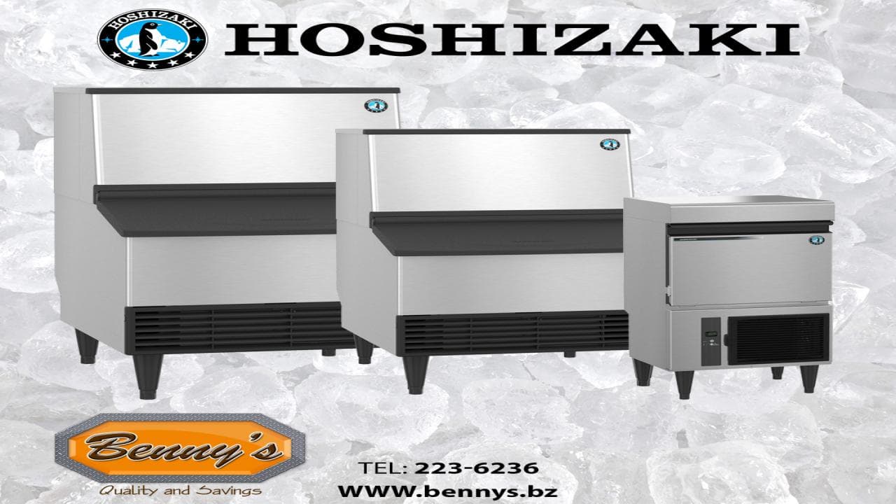 Three Hoshizaki ice machines displayed against a backdrop of ice, with Benny's logo and contact information below.