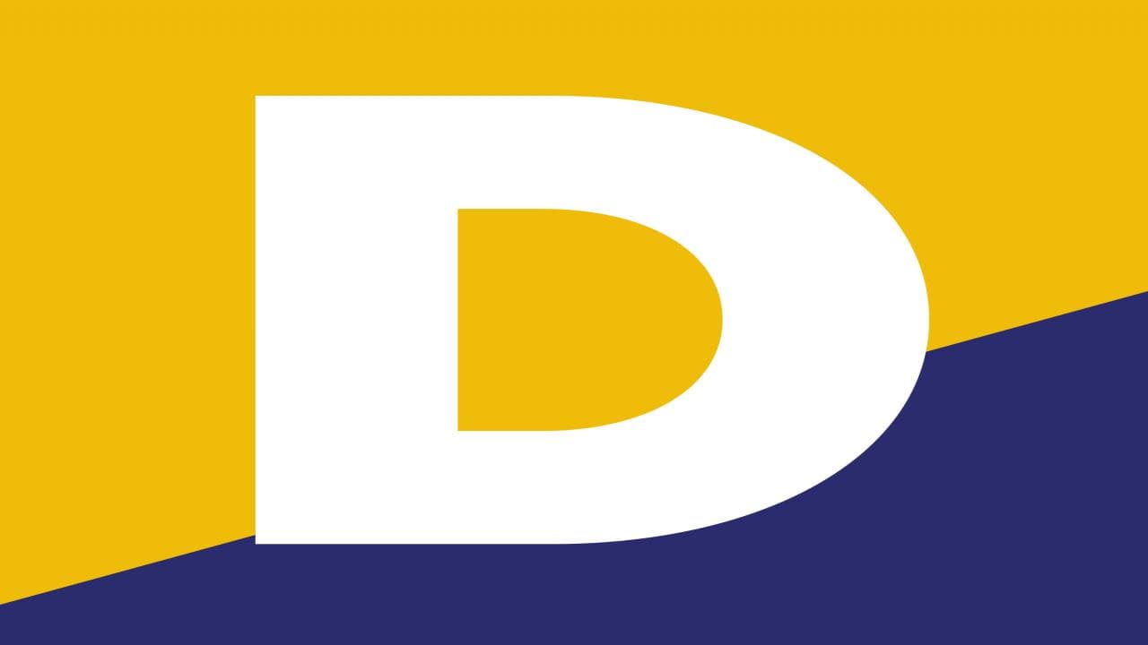 A bold white "D" on a yellow and dark blue background.