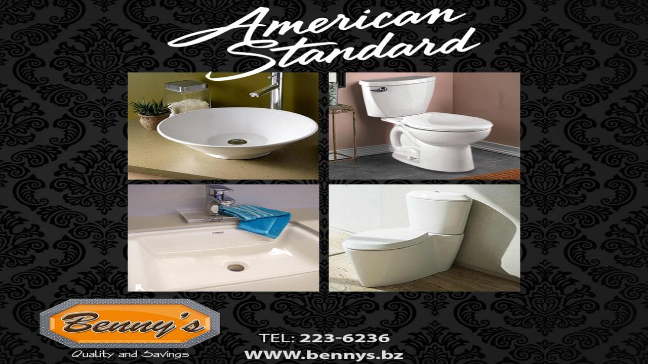 A graphic featuring various American Standard bathroom fixtures, including sinks and toilets, displayed against a decorative background.