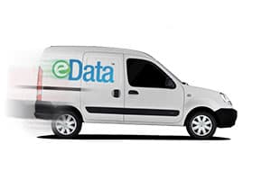 A white delivery van with the logo "eData" on its side.