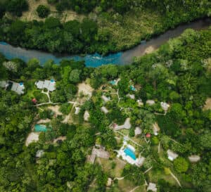 Aerial view of lush greenery surrounding a winding river and scattered homes.