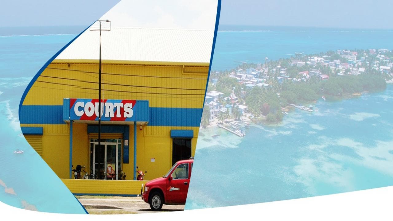 A bright yellow building with a blue trim labeled "COURTS" is featured alongside a scenic view of a coastal town.