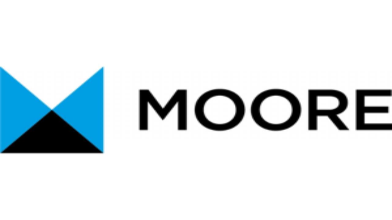 Logo of Moore featuring a blue and black geometric design alongside the word "MOORE."