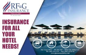 Logo and promotional message for RF&G Insurance, highlighting insurance services for hotels with a scenic pool view.