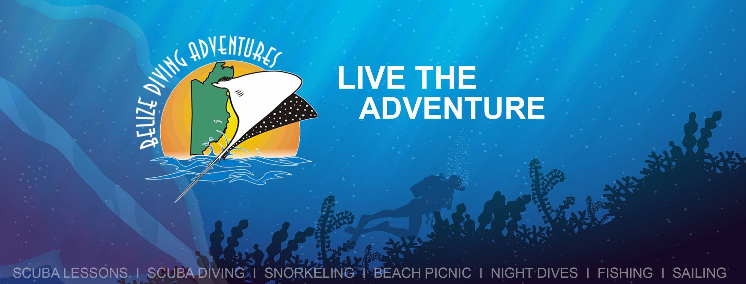 Logo for Belize Diving Adventures featuring a stingray and the text "Live the Adventure" with various aquatic activities listed below.