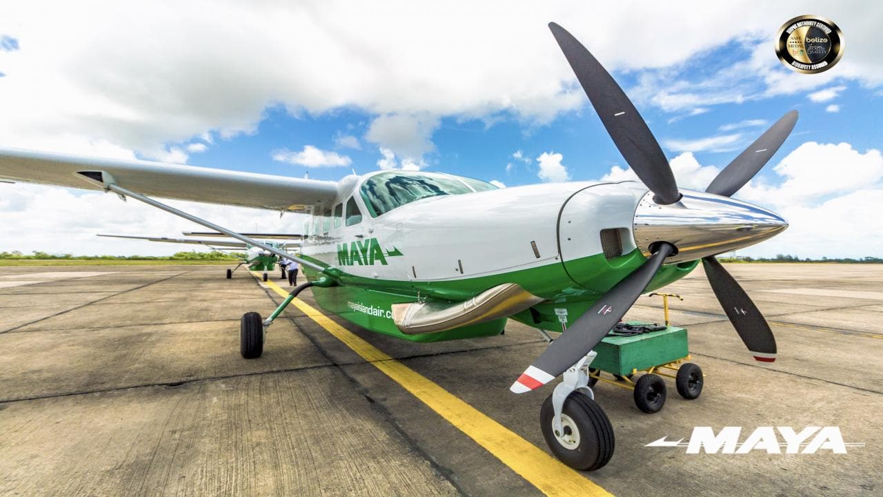 A green and white plane on a runway under a cloudy sky.