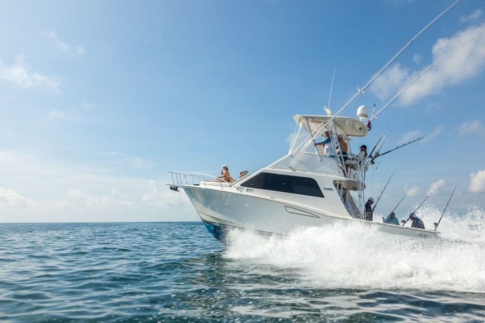 A fishing boat speeds across the calm blue ocean under a clear sky.