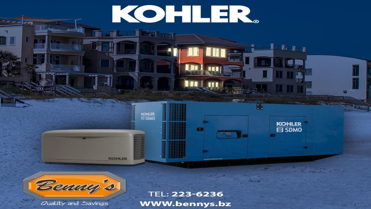 A Kohler generator is displayed near beachfront homes at dusk.