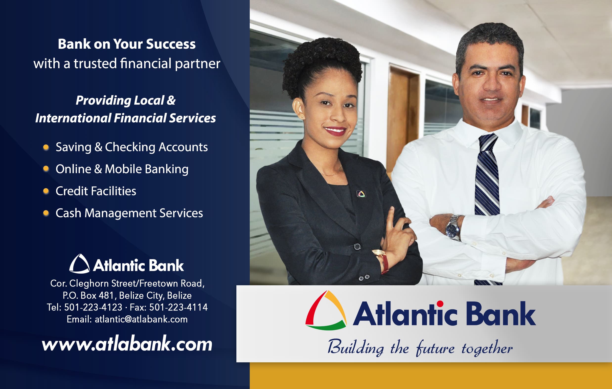 Promotional image for Atlantic Bank showcasing financial services with two professional individuals.