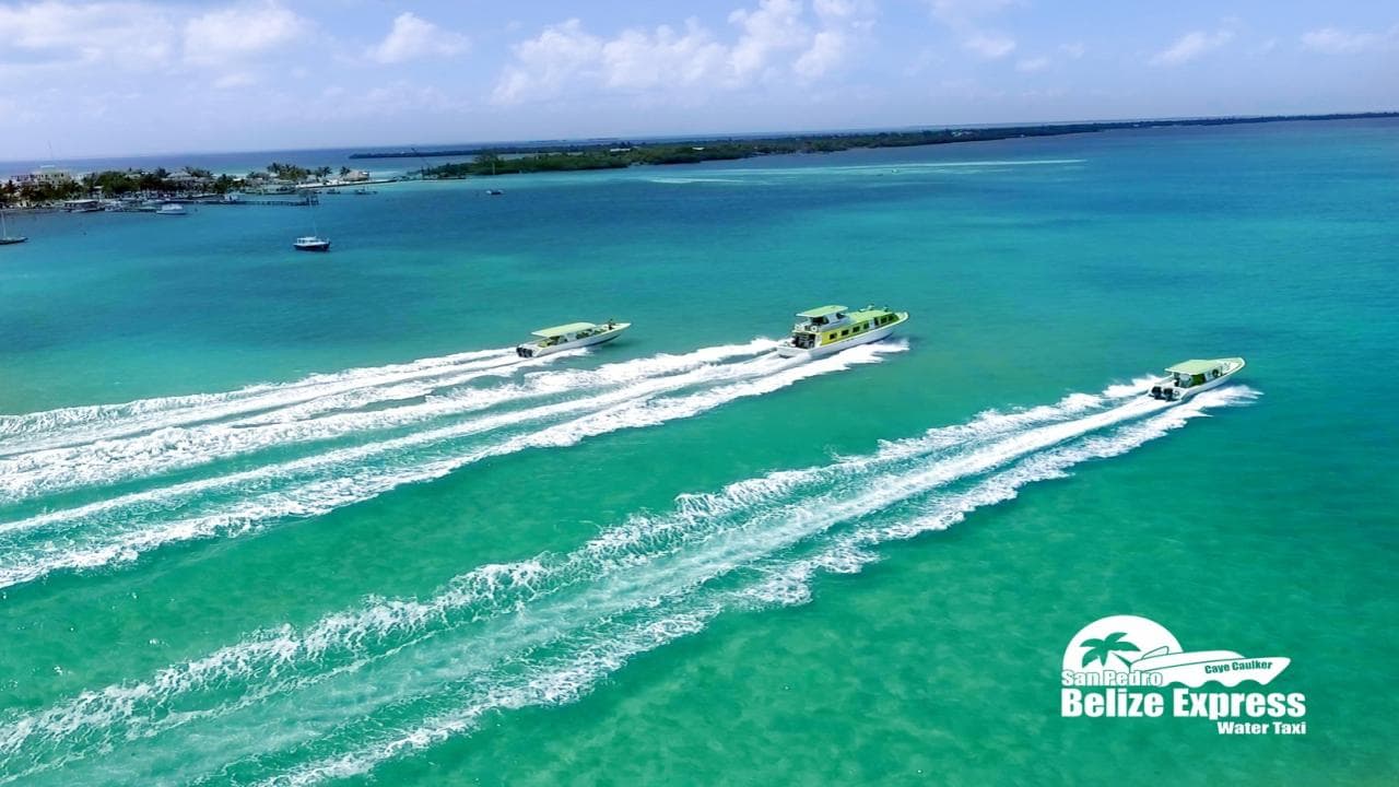 Three green water taxis speed across turquoise waters near a coastal area.
