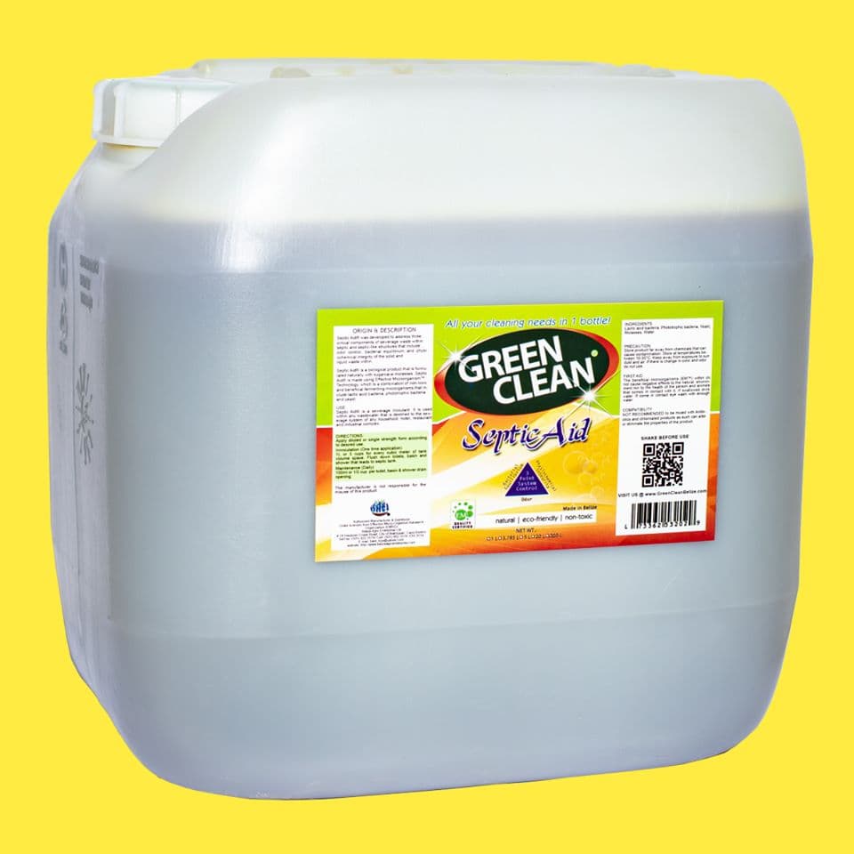 A gray plastic container labeled "Green Clean Septic-Aid" against a bright yellow background.