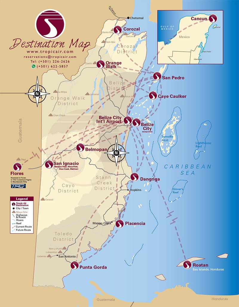 Map showing destinations and routes for Tropic Air in Belize, including key locations like Belize City and Cancun.