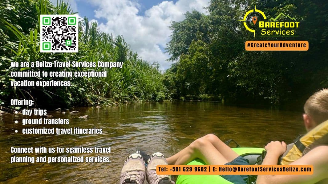 A serene scene of two people relaxing by a river in Belize, with promotional text for Barefoot Services travel company.