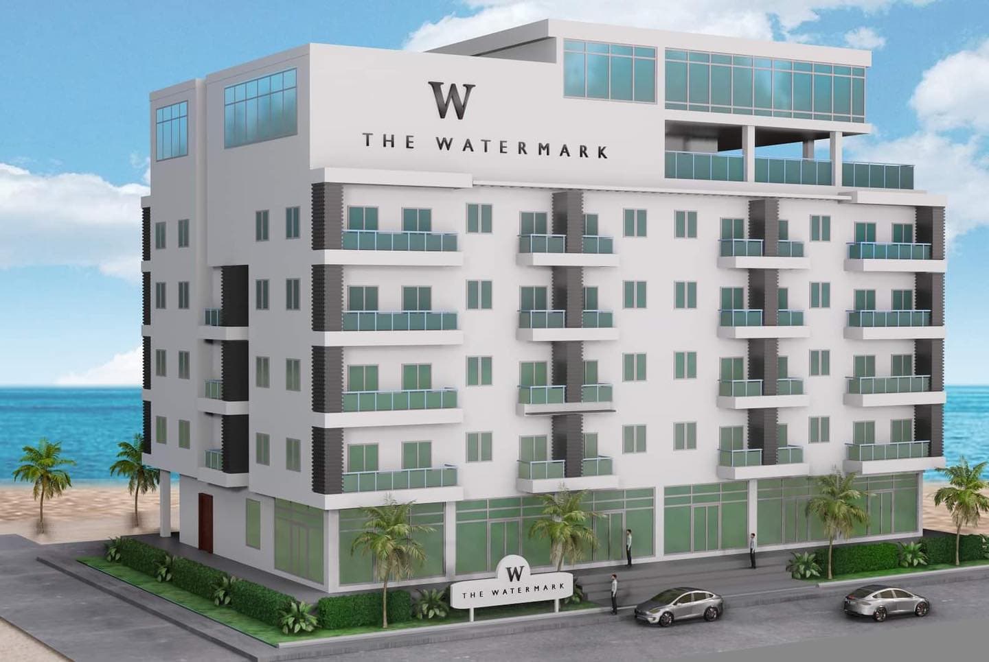 The Watermark Hotel from the outside - 6 floors, all white, many windows